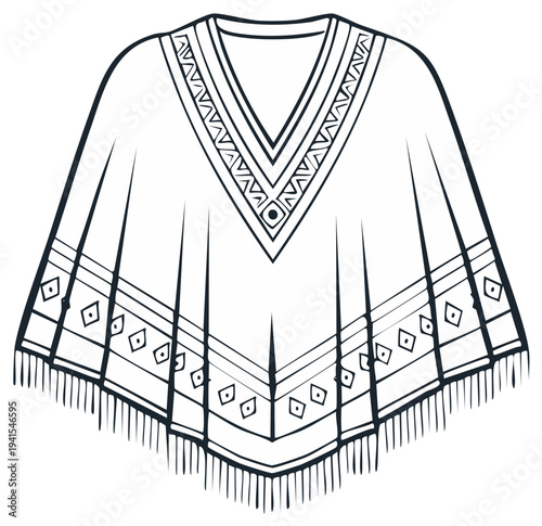 Southwestern Style Poncho with Geometric Patterns and Fringe Detail Hand Drawn Sketch
