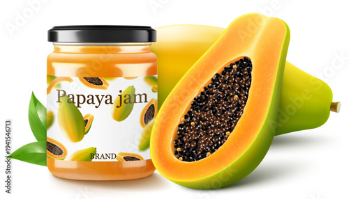 Papaya jam in glass jar and fresh papaya fruit isolated on a white background. Glass of papaya spread design element. Papaya jam jar icon. Realistic 3d vector illustration.