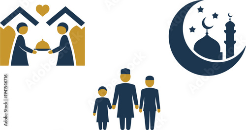 Islamic family and mosque icons for Ramadan and Eid celebrations, community gathering