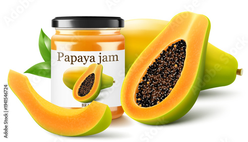 Papaya jam in glass jar and fresh papaya fruit isolated on a white background. Glass of papaya spread design element. Papaya jam jar icon. Realistic 3d vector illustration.