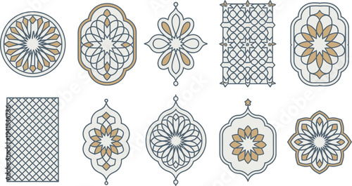 Islamic geometric patterns set decorative tiles arabesque ornamental motif vector