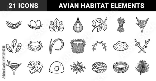 Avian nesting and forest habitat line art elements for nature conservation educational materials. Minimalist monoline pictograms featuring bird nests, feathers, and woodland foliage.