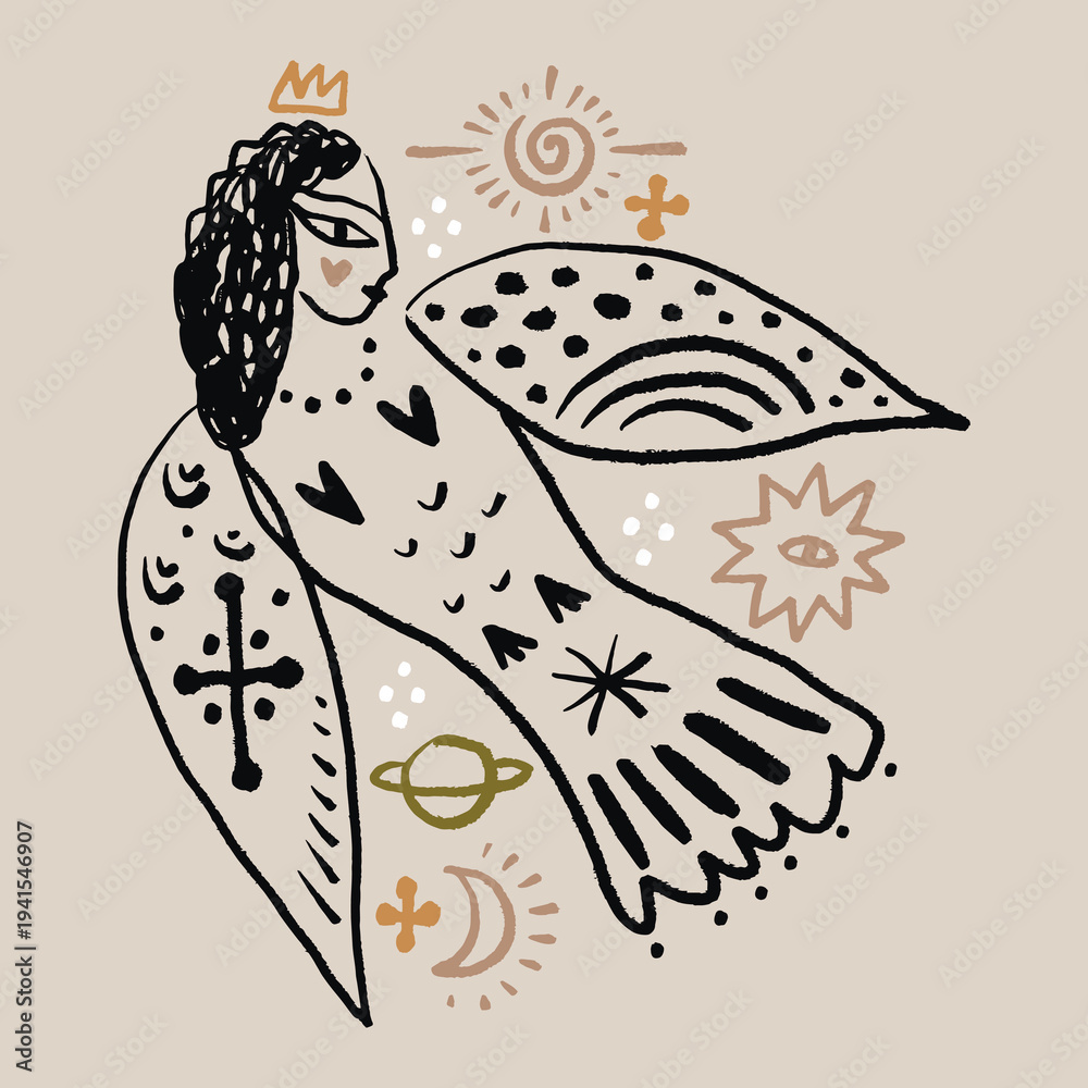 Fototapeta premium Bird Sirin monochrome linocut engraving style celestial folk fairytale elements set. Boho patterned woman sacred goddess animal in cottagecore vibe, floral ornament. Hygge, lagom and fika Scandinavian