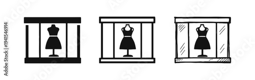 Fashion boutique display window icon set, showing a clothing store mannequin in solid, outline, and doodle styles.