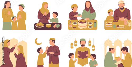 Muslim family celebrating Ramadan, sharing food, praying and greeting each other