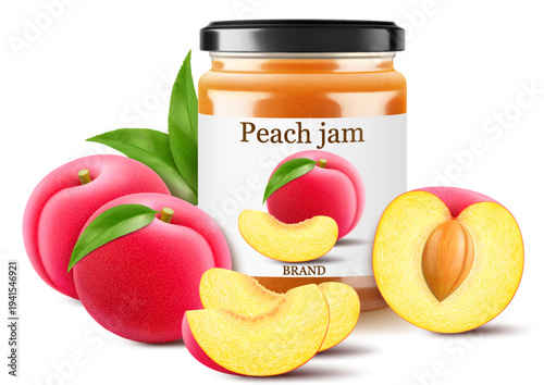 Glass jar with plum jam isolated on white background. Jar of marmalade from juicy blue plums. fresh fruits with leaves. Organic food. Label mockup for jam. Realistic 3d vector illustration