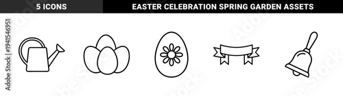 Easter holiday and spring gardening elements for seasonal branding. Technical monoline pictograms featuring eggs, watering can, and festive bell.