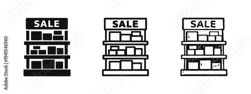 Retail sale display shelf icon set with products and a 'SALE' sign, in solid, outline, and hand-drawn styles.
