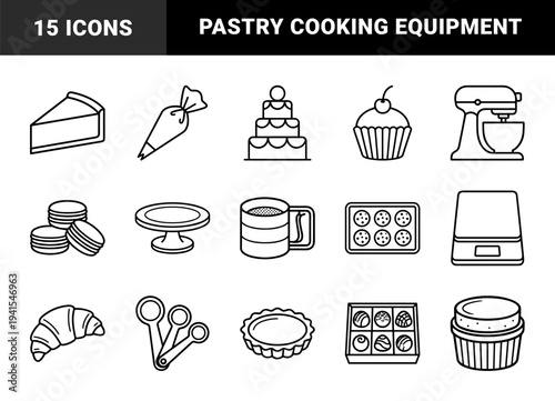 Bakery equipment and pastry shop elements in technical monoline style. Minimalist outline graphics for culinary branding and dessert menu design.