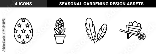 Easter celebration and spring gardening linear elements for seasonal branding. Minimalist monoline graphics featuring decorated egg, hyacinth, feathers, and wheelbarrow.