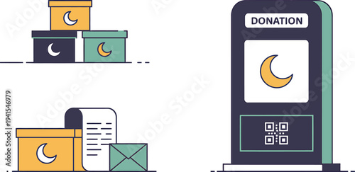 Ramadan charity vector collection with donation boxes, financial documents and a qr code stand