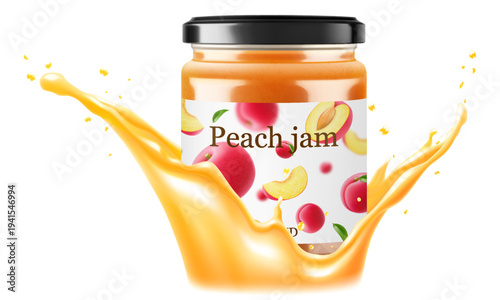 Jar with plum jam in a splash of plum juice. isolated on white background. Homemade plum jam or compote in a glass jar. Realistic 3d vector illustration. Mockup for your brand.