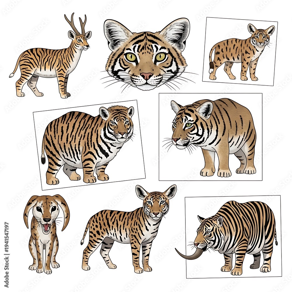 Fototapeta premium Collection of cartoon tiger cubs and fantasy striped animals with various features on a white background