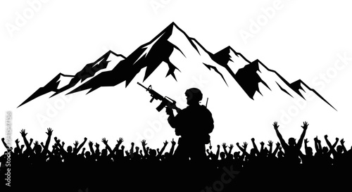 Soldier silhouette holding rifle against mountain backdrop with cheering crowd