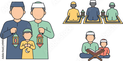 Ramadan kareem muslim family man boy reading quran praying eid al-fitr celebration vector