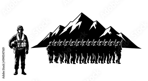 Soldier Standing Guard Before Mountain Range and Army Formation