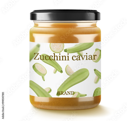 Pickled zucchini caviar in a glass jar isolated on white background. Homemade canned food. Realistic 3d vector illustration. Tasty and healthy vegetable preserves. Mockup of a jar