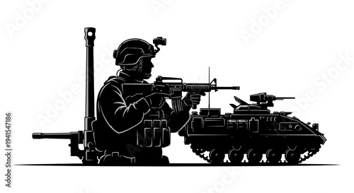 Soldier with assault rifle and armored vehicle silhouette, military concept
