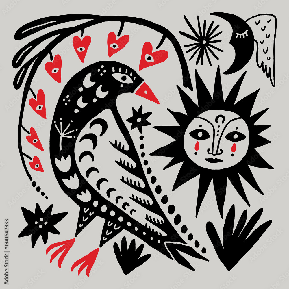 Fototapeta premium Bird monochrome linocut engraving style celestial folk fairytale elements set. Boho patterned woman sacred goddess animal in cottagecore vibe, floral ornament. Hygge, lagom and fika Scandinavian
