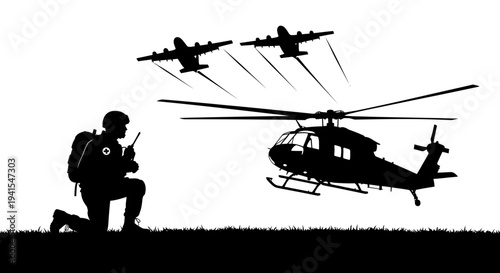 Soldier with Radio and Military Aircraft Silhouette