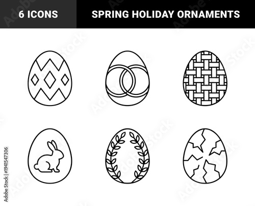 Easter egg outline ornaments for festive spring holiday projects. Minimalist monoline coloring page elements featuring rabbit, geometric patterns, and floral motifs.