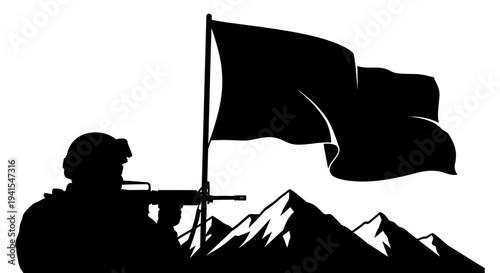 Soldier with Rifle and Flag on Mountain Peak, Military Victory Symbol