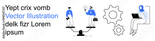 Business strategy, collaboration, decision-making, teamwork, innovation, technology integration. Two people on balanced scales with gears, a laptop and lightbulb. Business strategy and collaboration