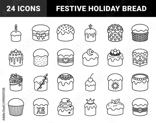 Traditional Easter cakes and festive bread line art for holiday greeting cards. Stylized monoline paska and kulich with religious and floral ornaments.