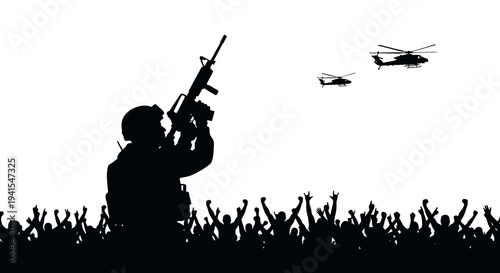 Soldier with Rifle and Helicopters Over Crowd Silhouette