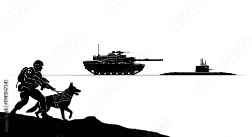 Soldier, K9 Unit, Tank, and Submarine Silhouette - Military Operations