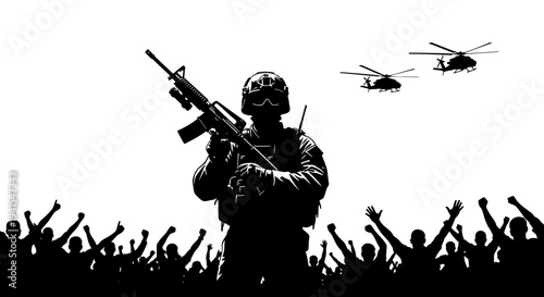 Soldier with Rifles and Helicopters Over Crowd Silhouette