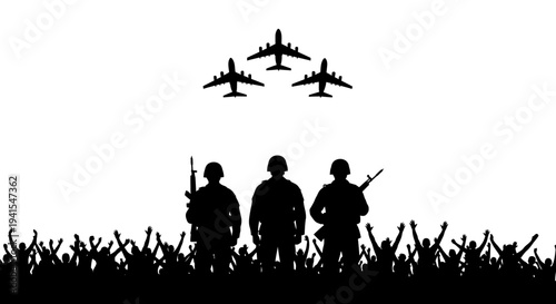 Soldiers and Airplanes Silhouette with Crowd