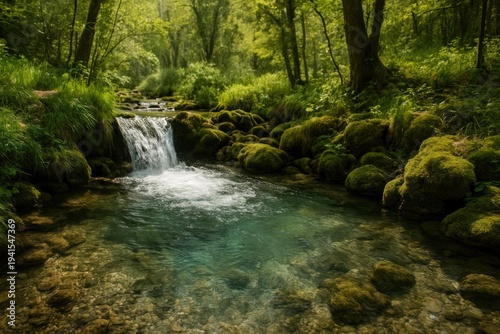 Serene forest stream waterfall scene.
