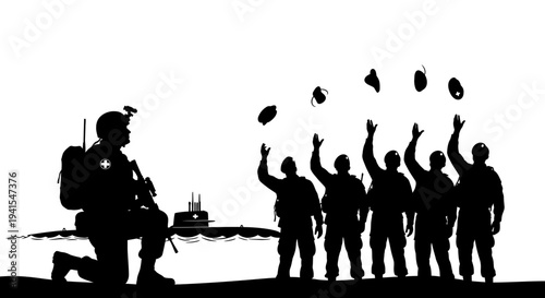 Soldiers Celebrate Victory Throwing Grenades in Air, Submarine in Background