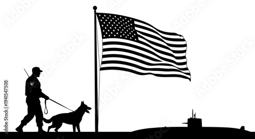 US Air Force K9 Unit Patrol with Submarine and American Flag Silhouette