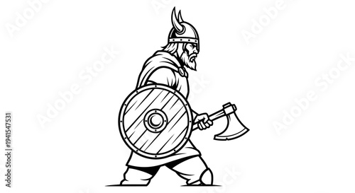 Viking Warrior with Axe and Shield, Black and White Illustration