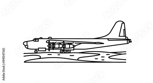 Vintage Bomber Airplane on Runway, Line Art Illustration