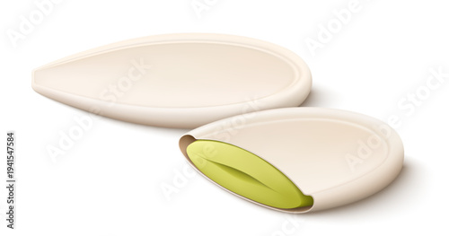 Whole and half unpeeled pumpkin seeds isolated on white background. Pumpkin seed in open shell, whole husk. Realistic 3d vector, close-up. Used for advertising, packaging, collage, web design food