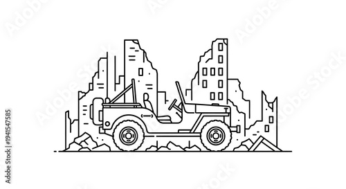 Vintage Jeep in Ruined Cityscape - Post-Apocalyptic Scene