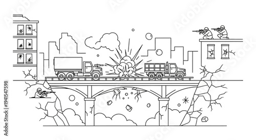 Warfare on bridge: Trucks explode, soldiers fight in destroyed city, military conflict