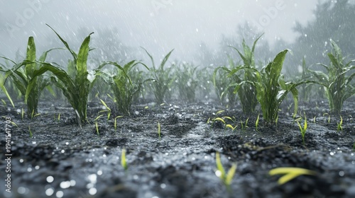 Young green crops endure harsh hailstorm and heavy rain in an overcast agricultural field