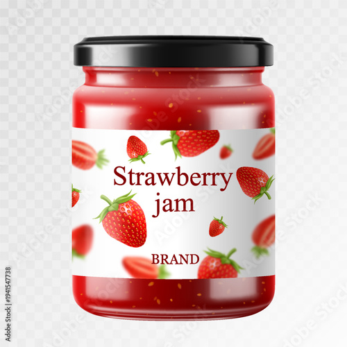 Strawberry jam in a glass jar and fresh berries isolated on white background. Realistic 3d Vector illustration of sweet homemade preserve. Preserved strawberry Compote or Jam, confiture or marmalade .