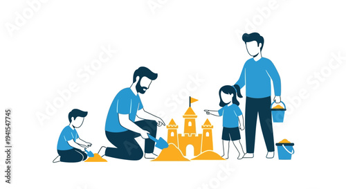 Family Building Sandcastle Together at Beach.