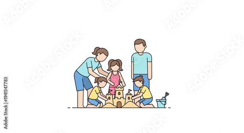 Family Building Sandcastle Together at Beach.