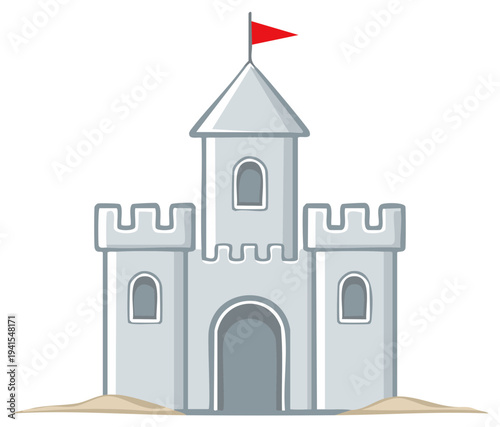Whimsical gray sandcastle with red flag and fortified battlements built on a small sandy mound