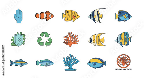 Colorful Collection of Fish and Coral Reef Elements in Cartoon Style.