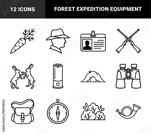 Hunting and outdoor recreation equipment for forest expeditions. Technical monoline pictograms featuring rifles, binoculars, and wildlife elements.
