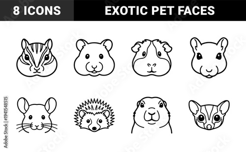 Small mammal and exotic pet head portraits in minimalist bold line art. Clean monolinear animal faces for veterinary branding and wildlife education.