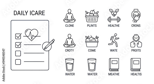 Set of Daily Health and Wellness Line Icons for Self-Care and Lifestyle.