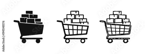 Full Shopping Cart Boxes Icon Set - E-commerce Retail and Logistics Vector